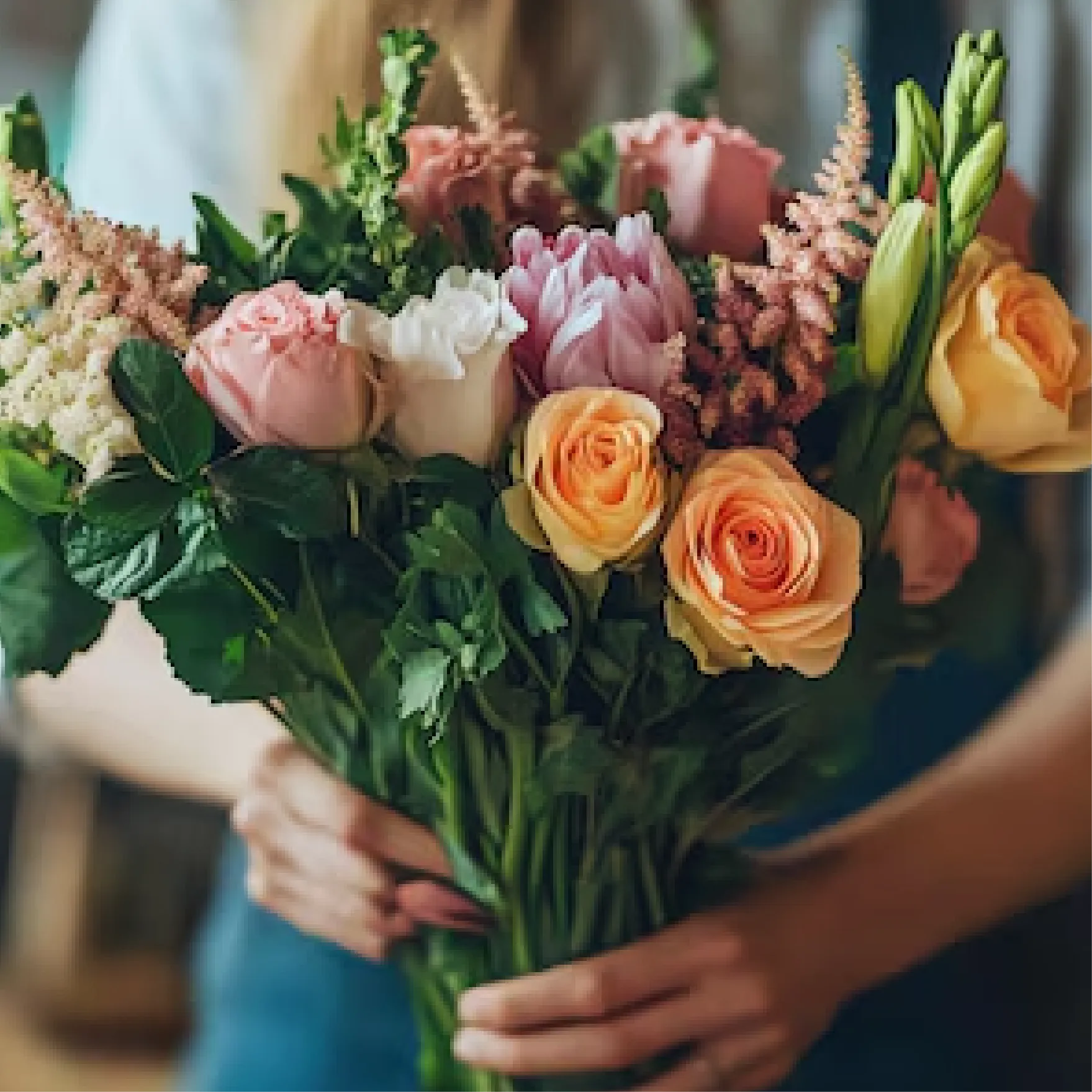 Bride holding beautiful wedding bouquet with white and pink flowers